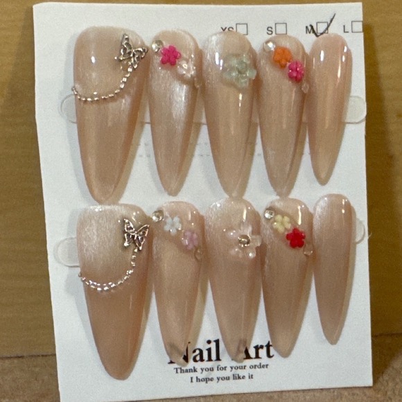Other - Nude Cat Eye Press On Nails Med Stiletto Butterfly Flower 3D Charms Set Size M